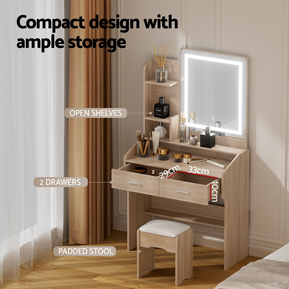 Artiss Slim LED Dressing Table & Stool with 2 Drawers – Wood Look