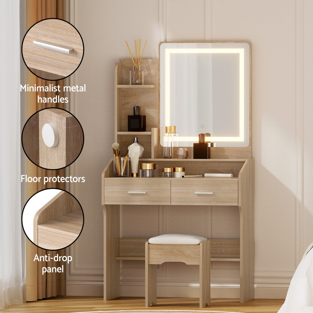Artiss Slim LED Dressing Table & Stool with 2 Drawers – Wood Look
