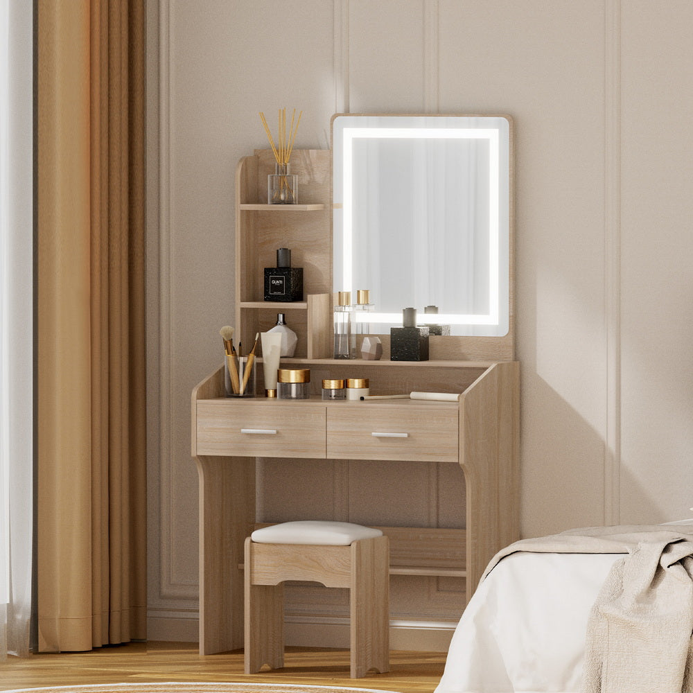 Artiss Slim LED Dressing Table & Stool with 2 Drawers – Wood Look