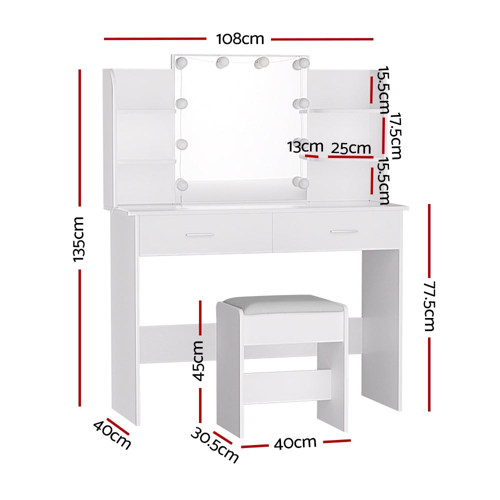 Artiss Dulcea Dressing Table with LED Mirror and Stool – White