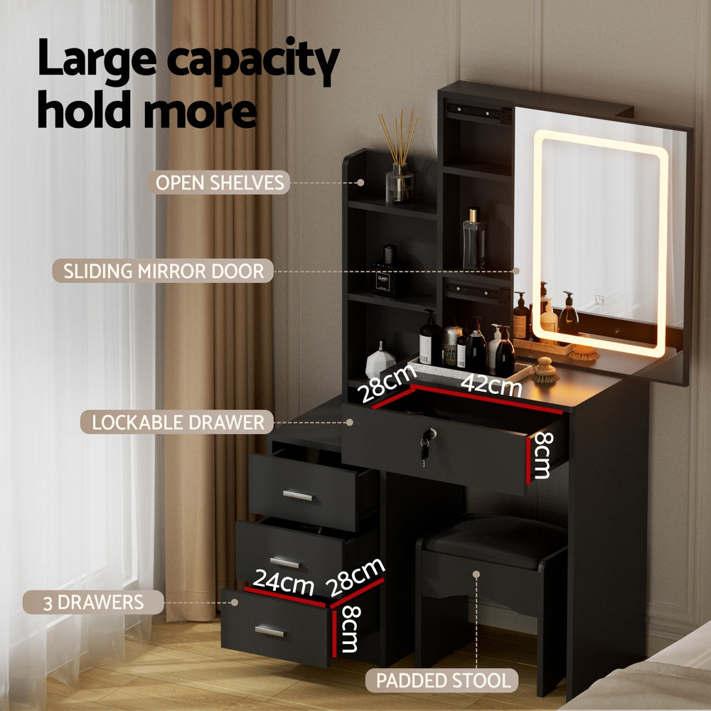 Artiss LED Dressing Table & Stool with Sliding Mirror – Black