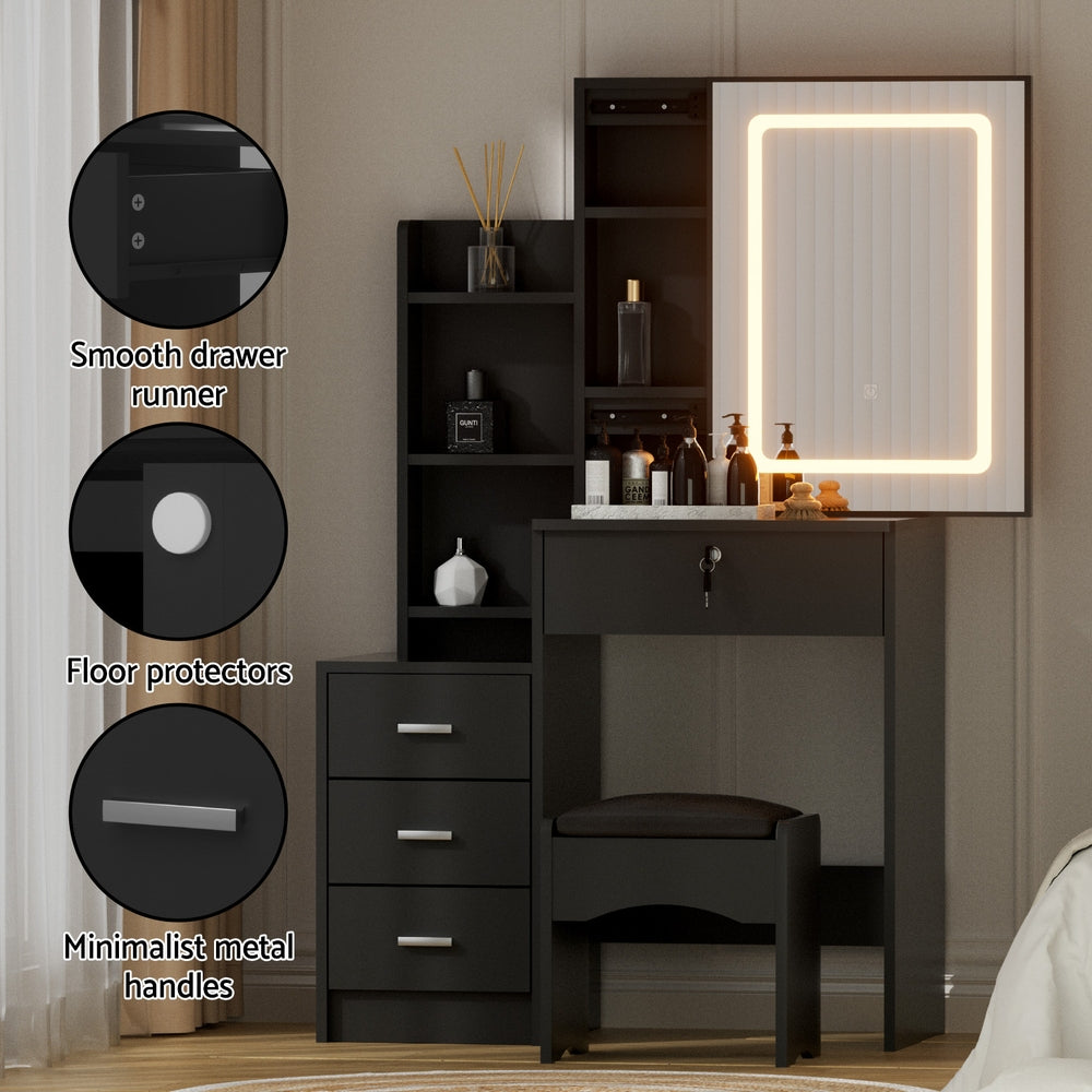 Artiss LED Dressing Table & Stool with Sliding Mirror – Black