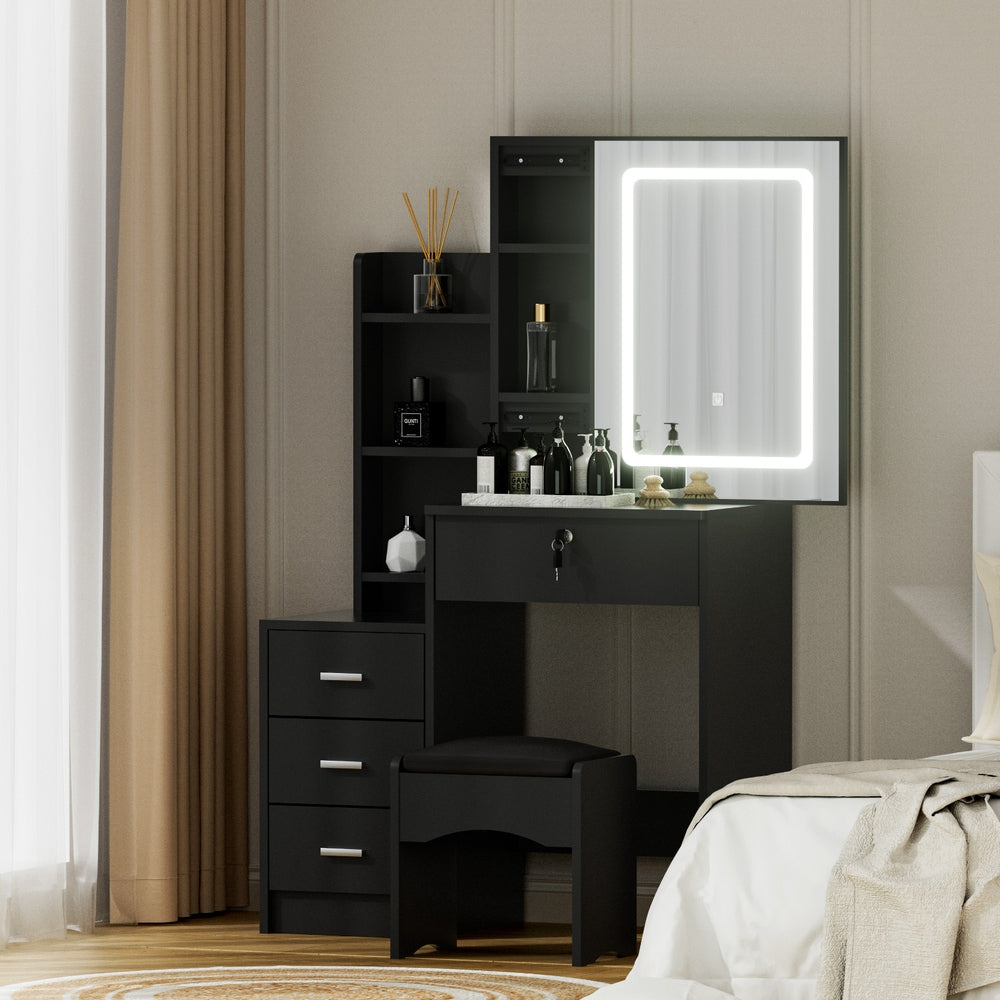 Artiss LED Dressing Table & Stool with Sliding Mirror – Black