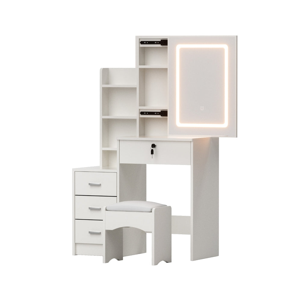 Artiss LED Dressing Table & Stool with Sliding Mirror – White