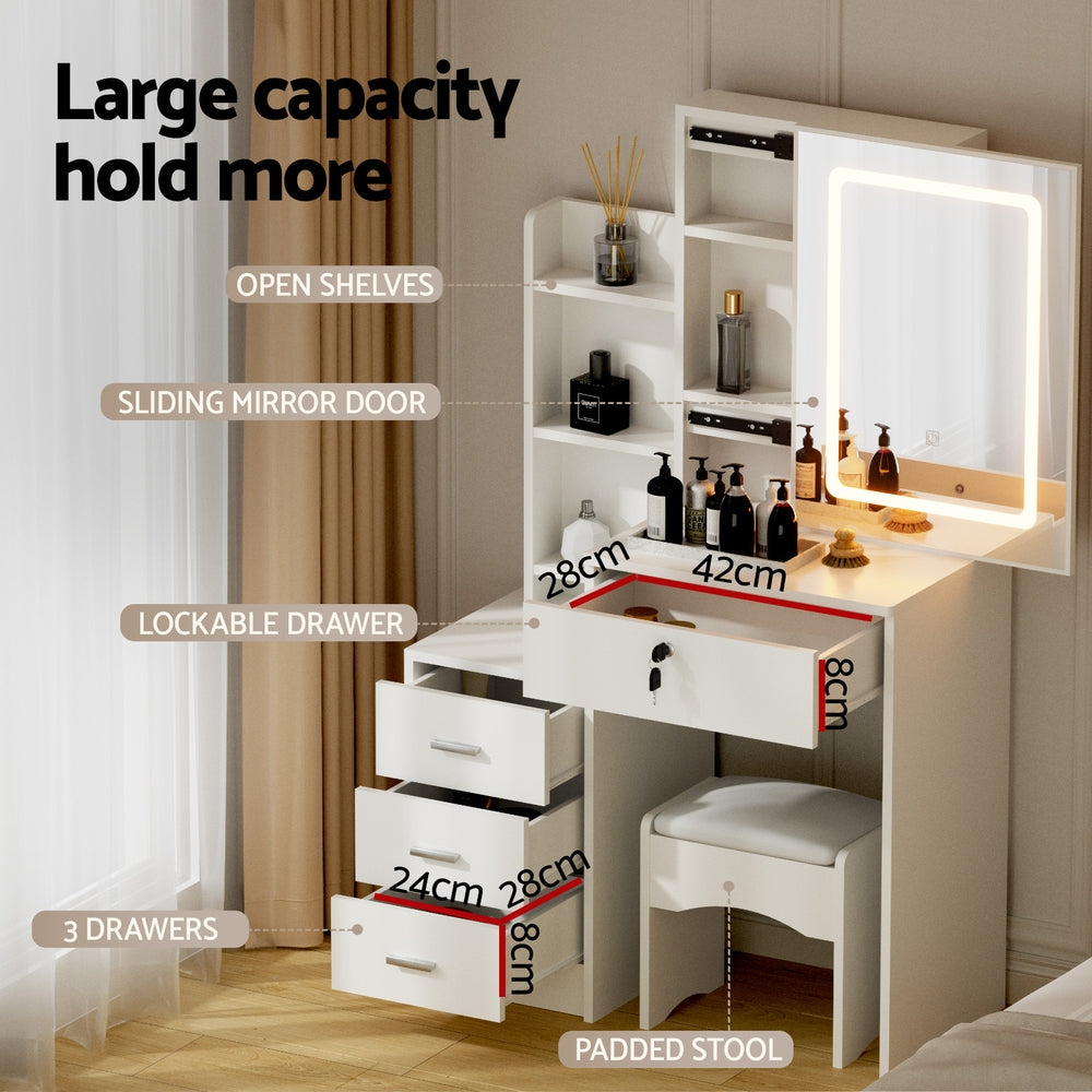 Artiss LED Dressing Table & Stool with Sliding Mirror – White