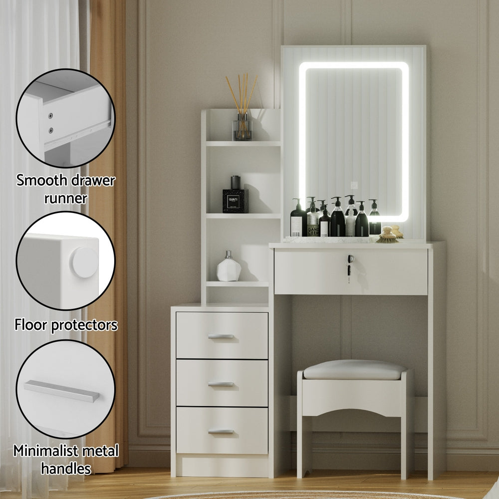 Artiss LED Dressing Table & Stool with Sliding Mirror – White