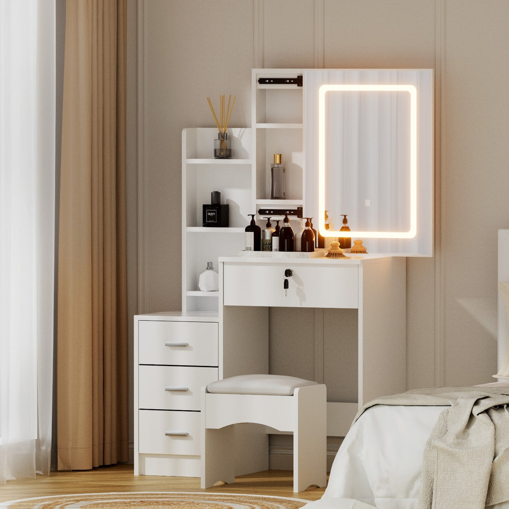 Artiss LED Dressing Table & Stool with Sliding Mirror – White