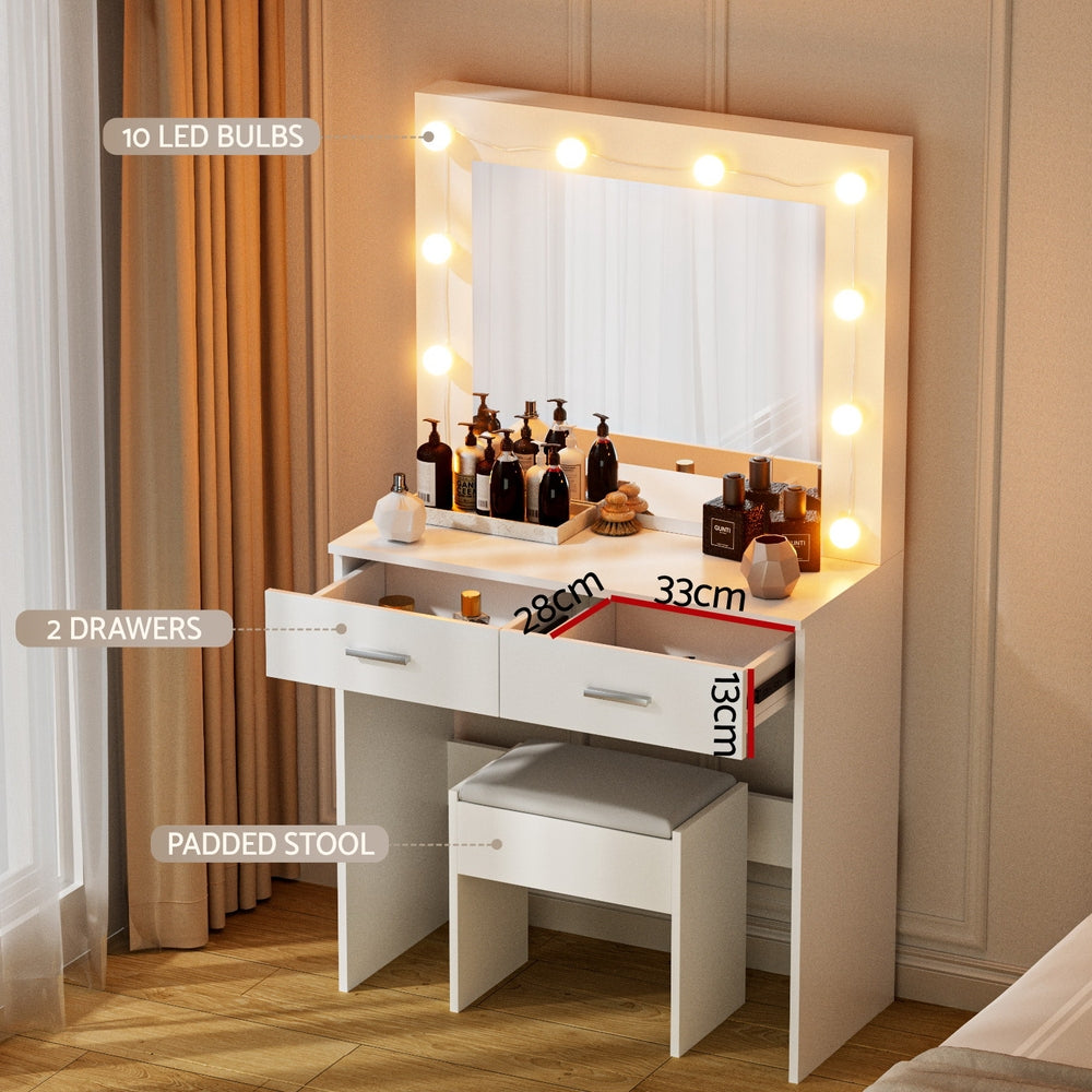 Artiss LED Dressing Table & Stool with 10 Bulbs – White