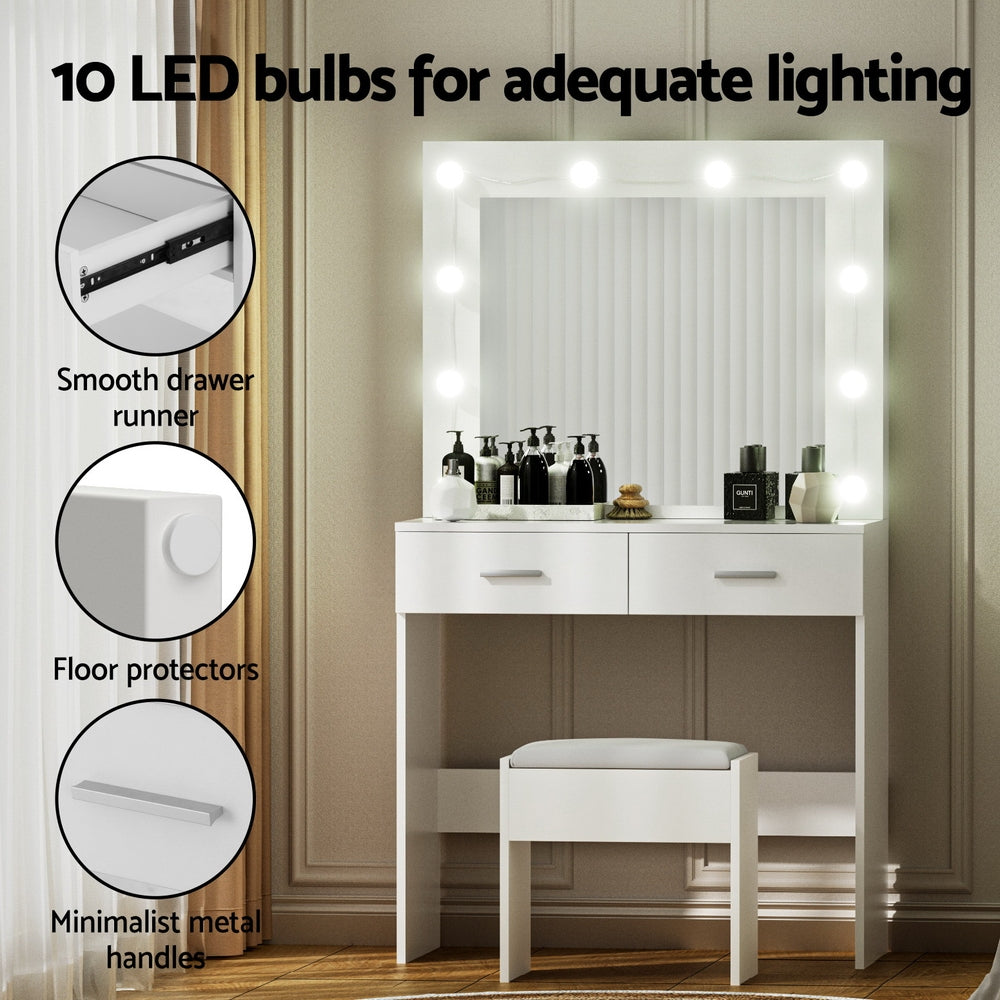 Artiss LED Dressing Table & Stool with 10 Bulbs – White