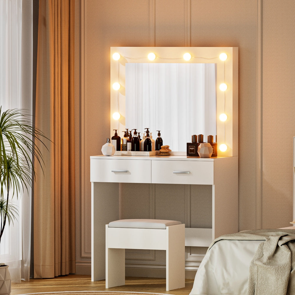 Artiss LED Dressing Table & Stool with 10 Bulbs – White