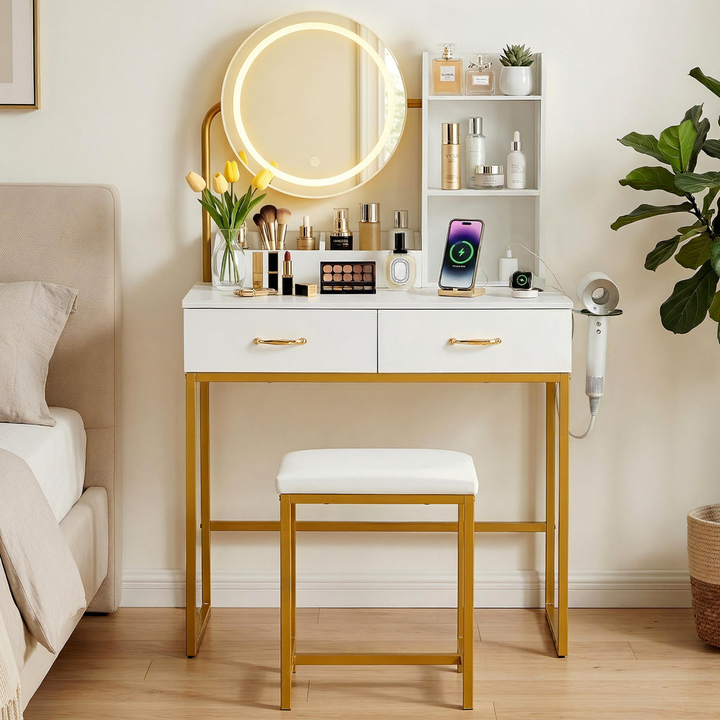 Artiss Compact LED Dressing Table & Stool with Charging Station – White and Gold