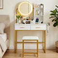 Artiss Compact LED Dressing Table & Stool with Charging Station – White and Gold