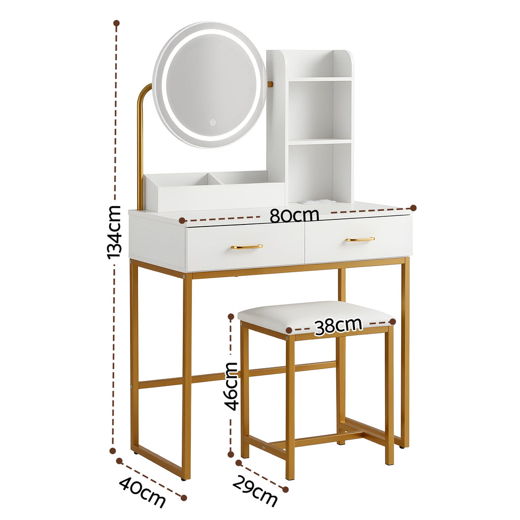 Artiss Compact LED Dressing Table & Stool with Charging Station – White and Gold