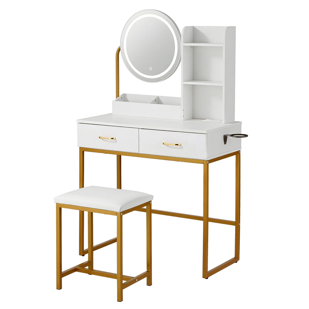 Artiss Compact LED Dressing Table & Stool with Charging Station – White and Gold