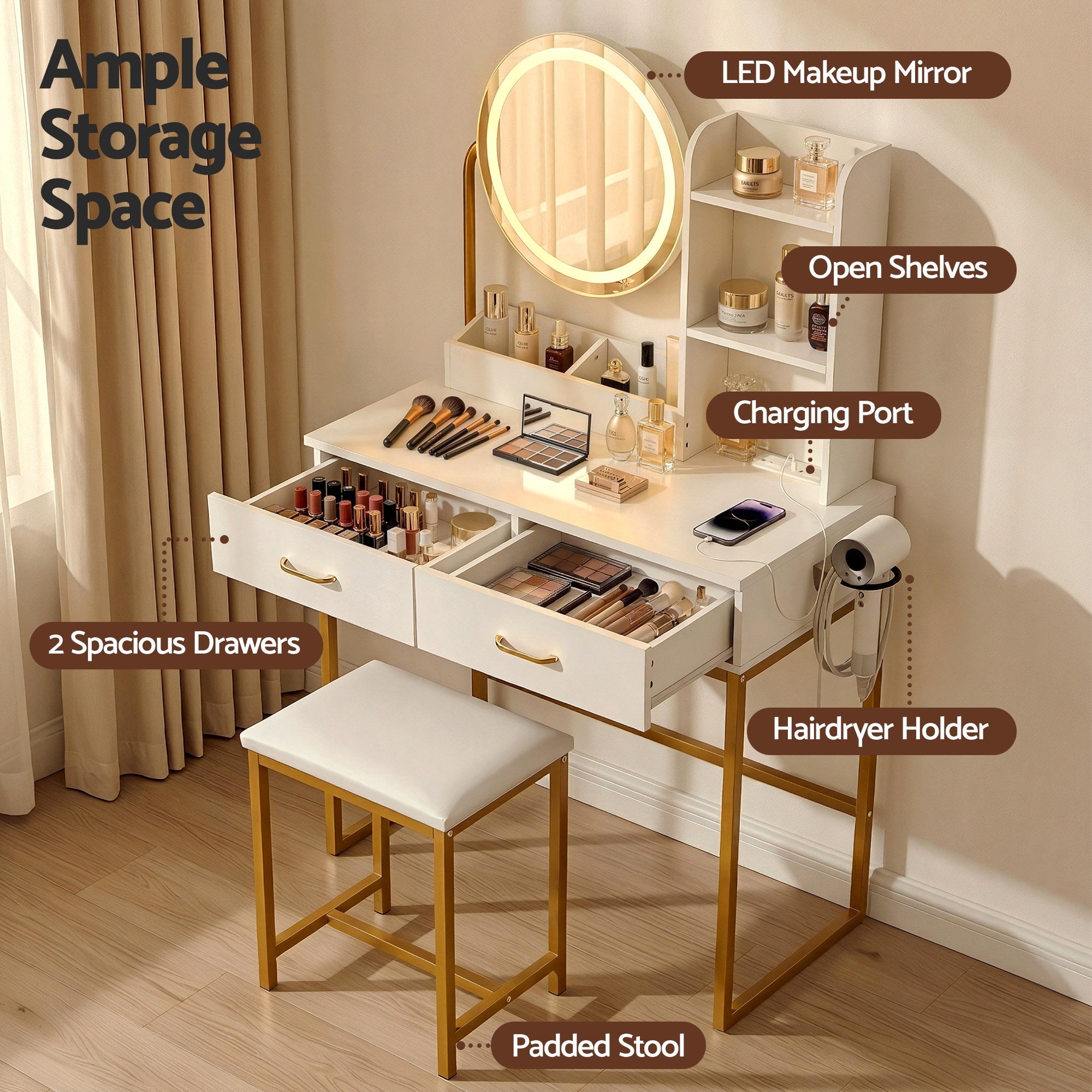 Artiss Compact LED Dressing Table & Stool with Charging Station – White and Gold