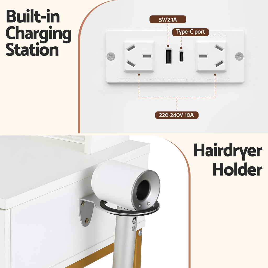 Artiss Compact LED Dressing Table & Stool with Charging Station – White and Gold