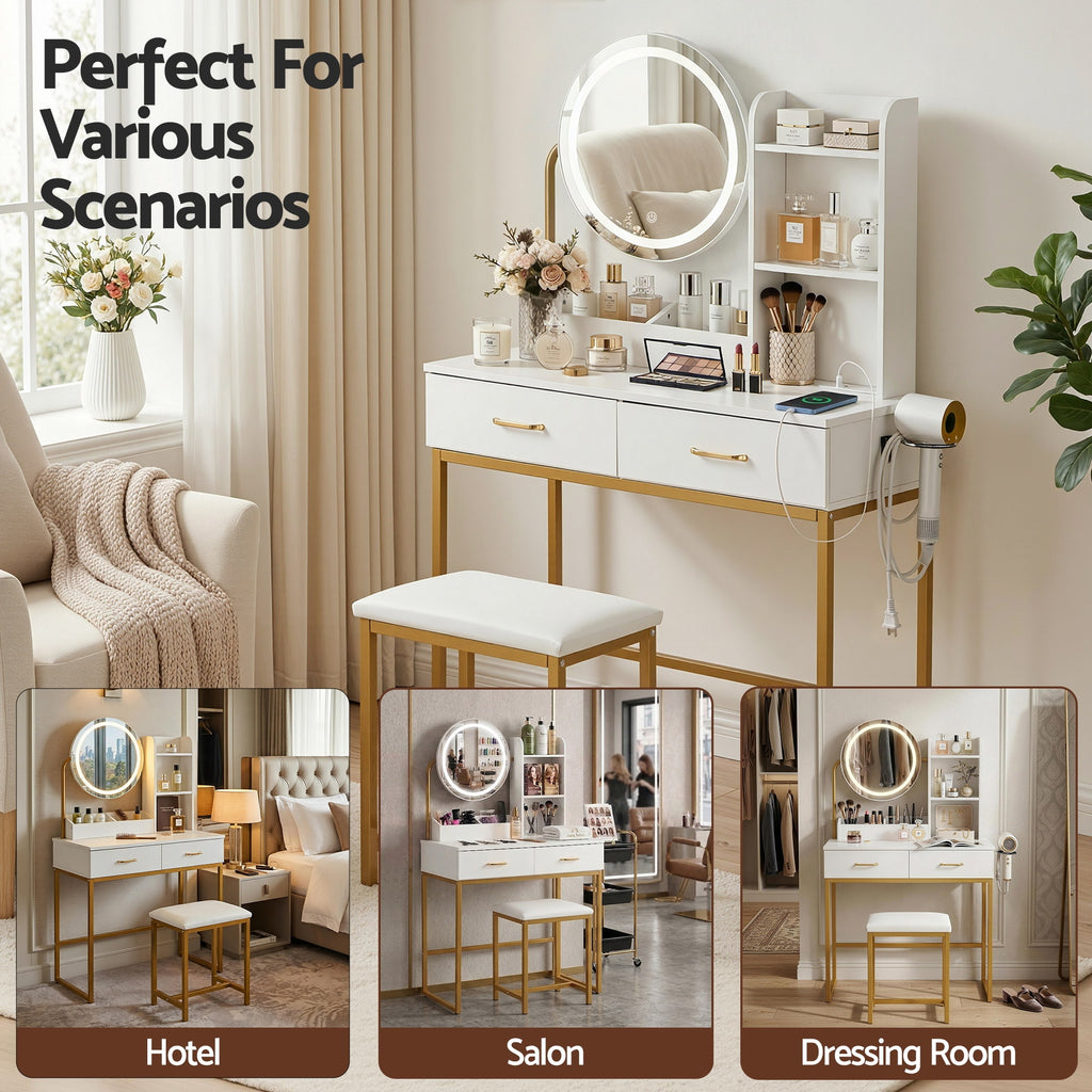 Artiss Compact LED Dressing Table & Stool with Charging Station – White and Gold