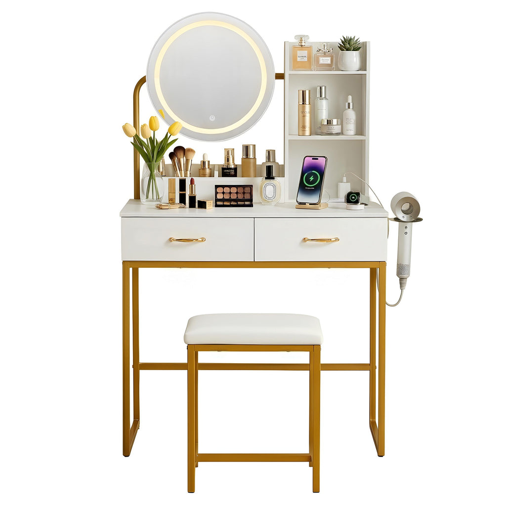 Artiss Compact LED Dressing Table & Stool with Charging Station – White and Gold