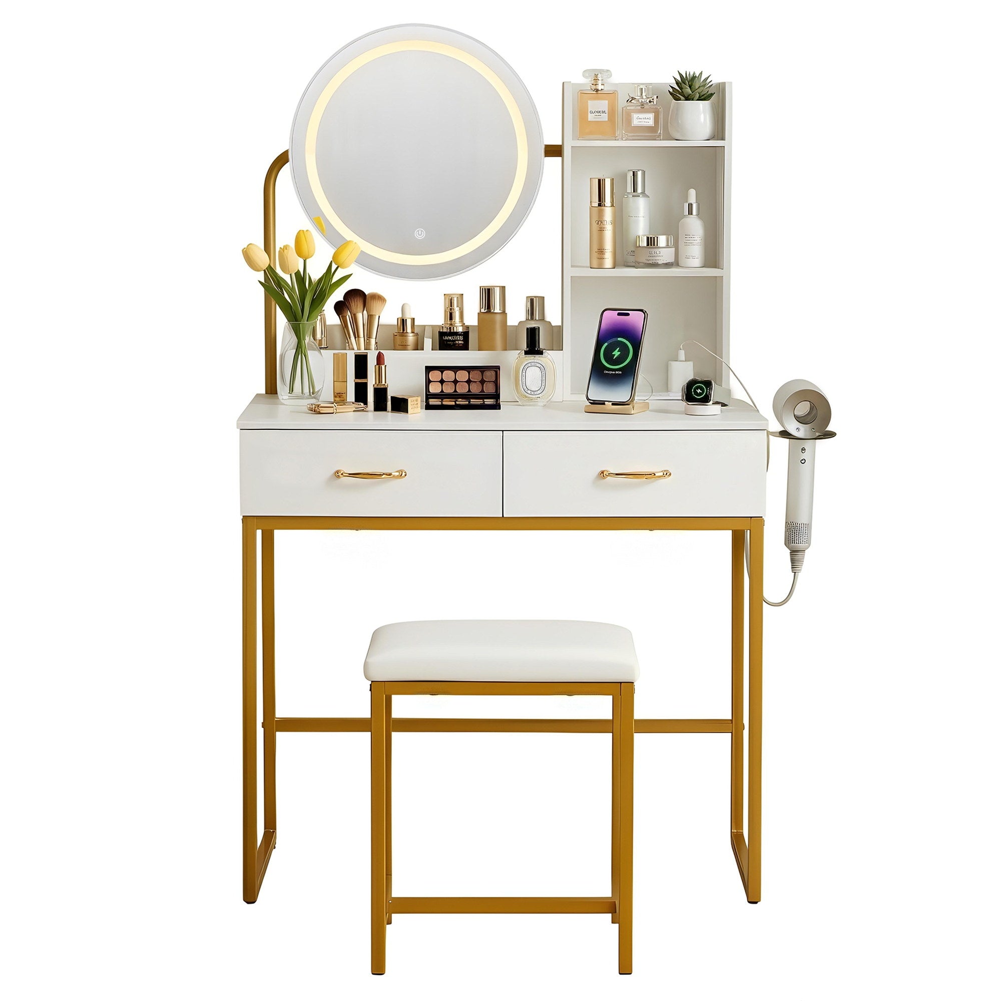 Artiss Compact LED Dressing Table & Stool with Charging Station – White and Gold