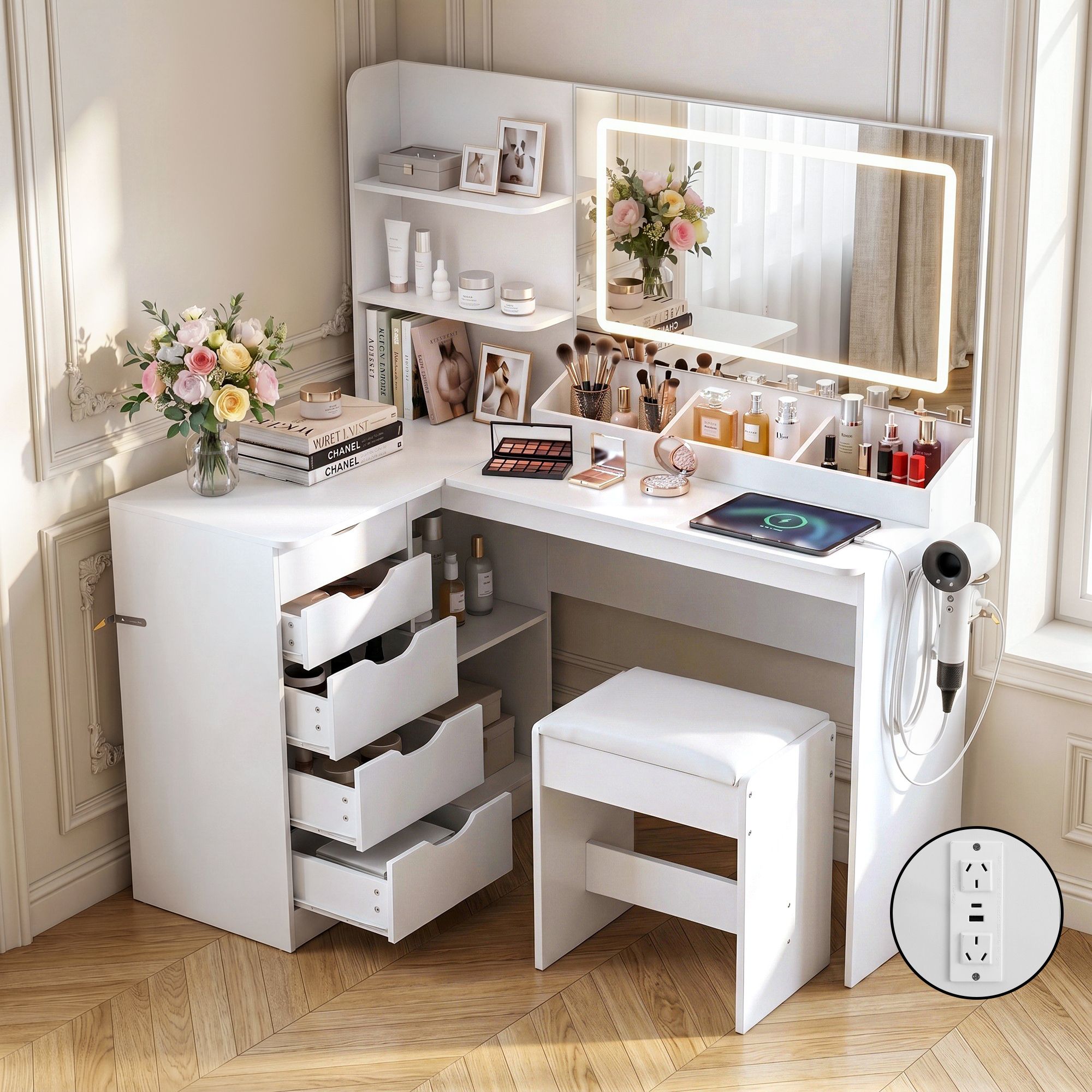 Artiss Corner LED Dressing Table & Stool with Charging Station – White