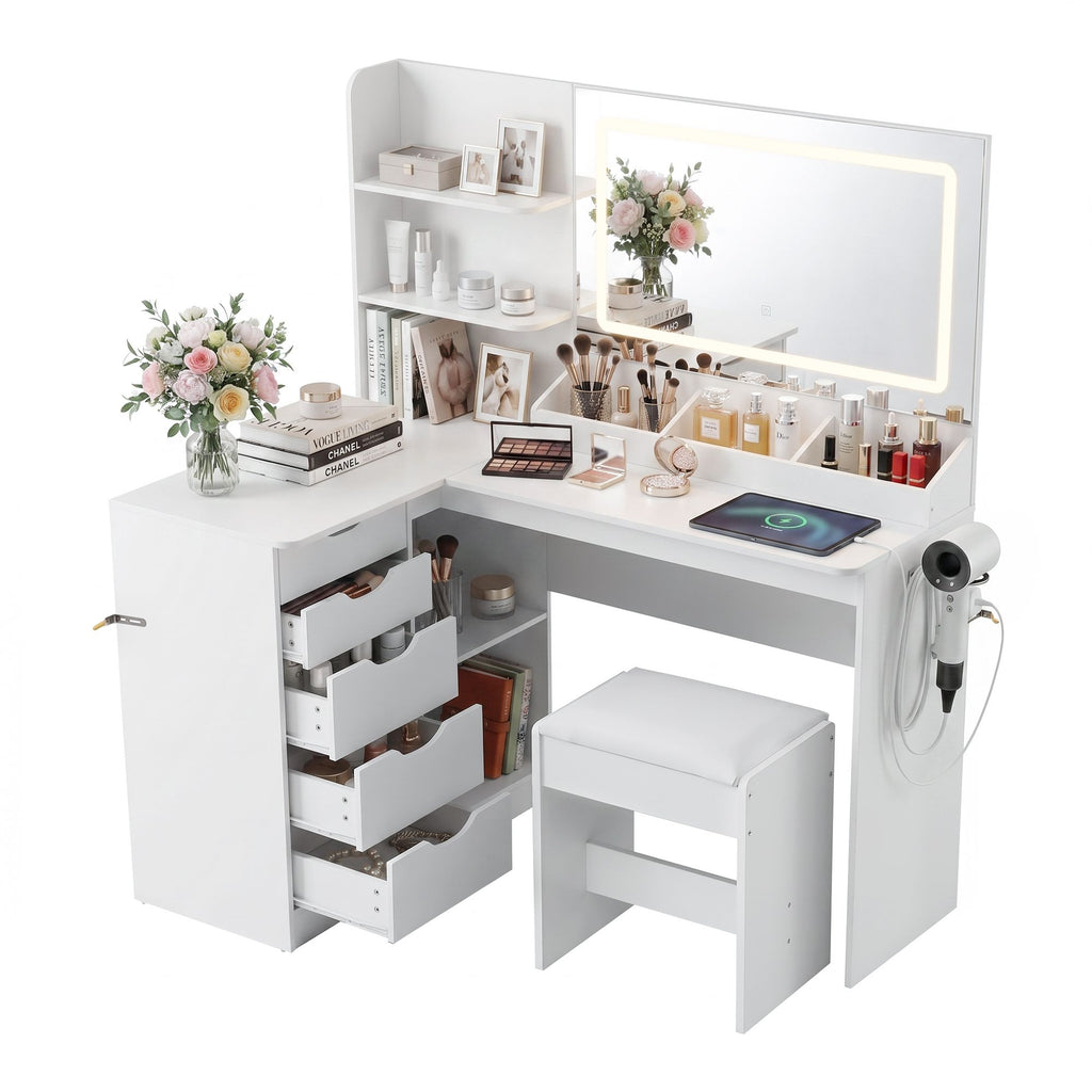 Artiss Corner LED Dressing Table & Stool with Charging Station – White