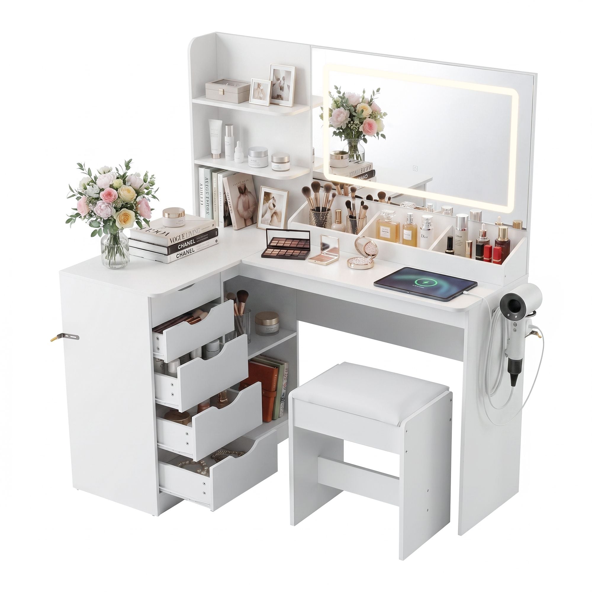 Artiss Corner LED Dressing Table & Stool with Charging Station – White