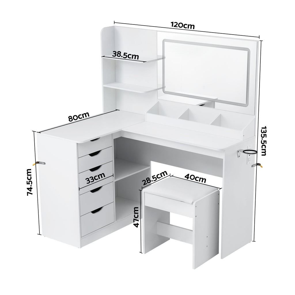 Artiss Corner LED Dressing Table & Stool with Charging Station – White