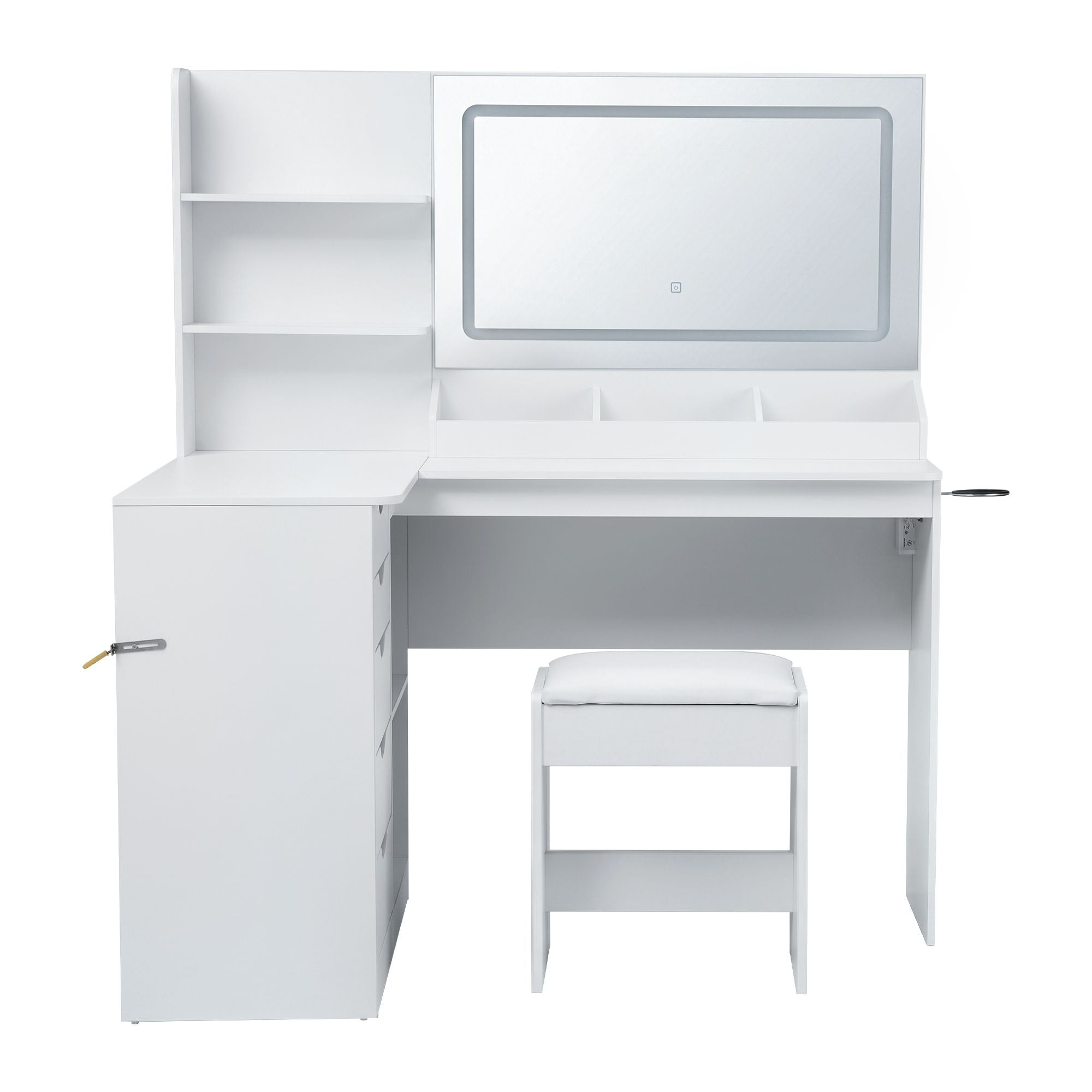 Artiss Corner LED Dressing Table & Stool with Charging Station – White