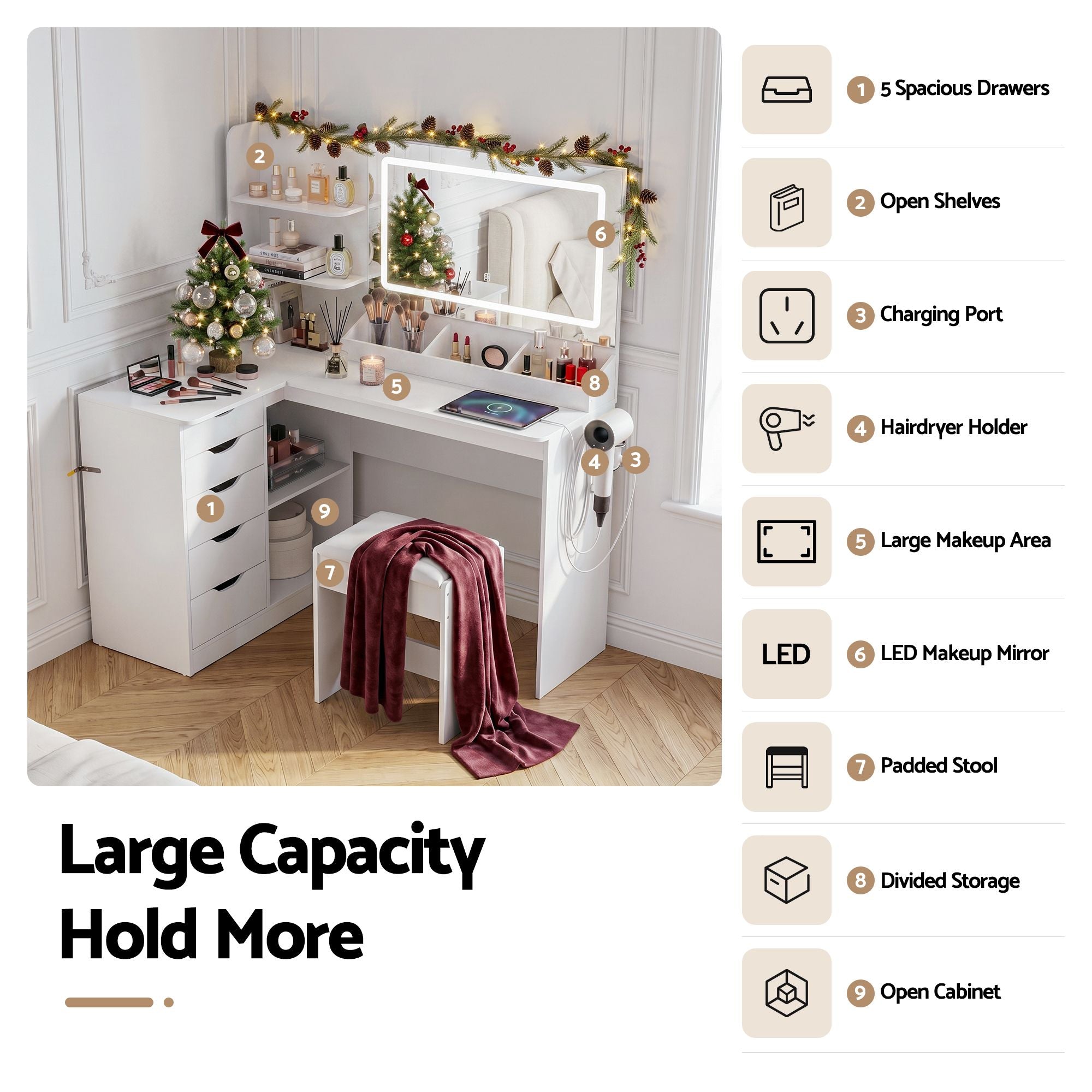 Artiss Corner LED Dressing Table & Stool with Charging Station – White