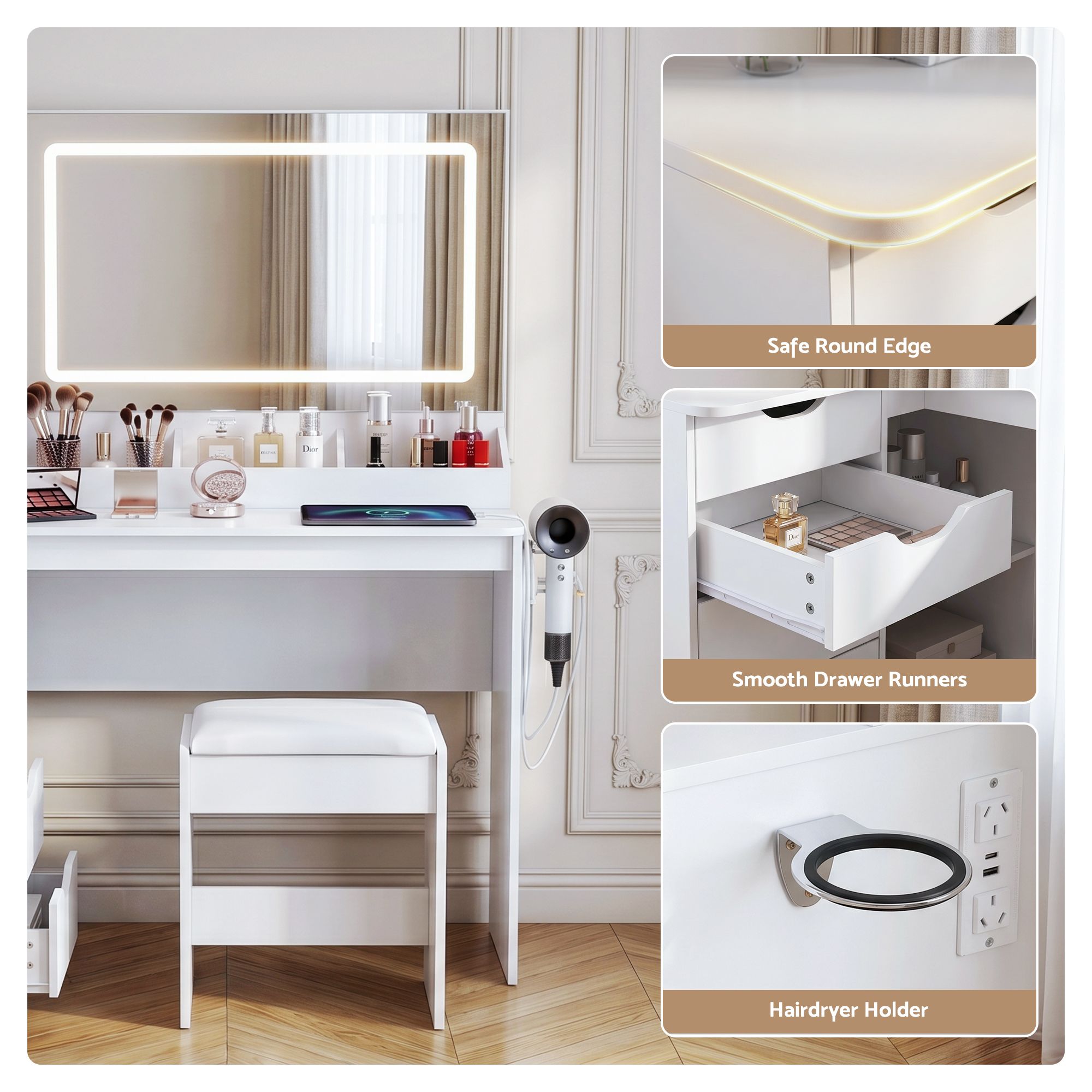 Artiss Corner LED Dressing Table & Stool with Charging Station – White