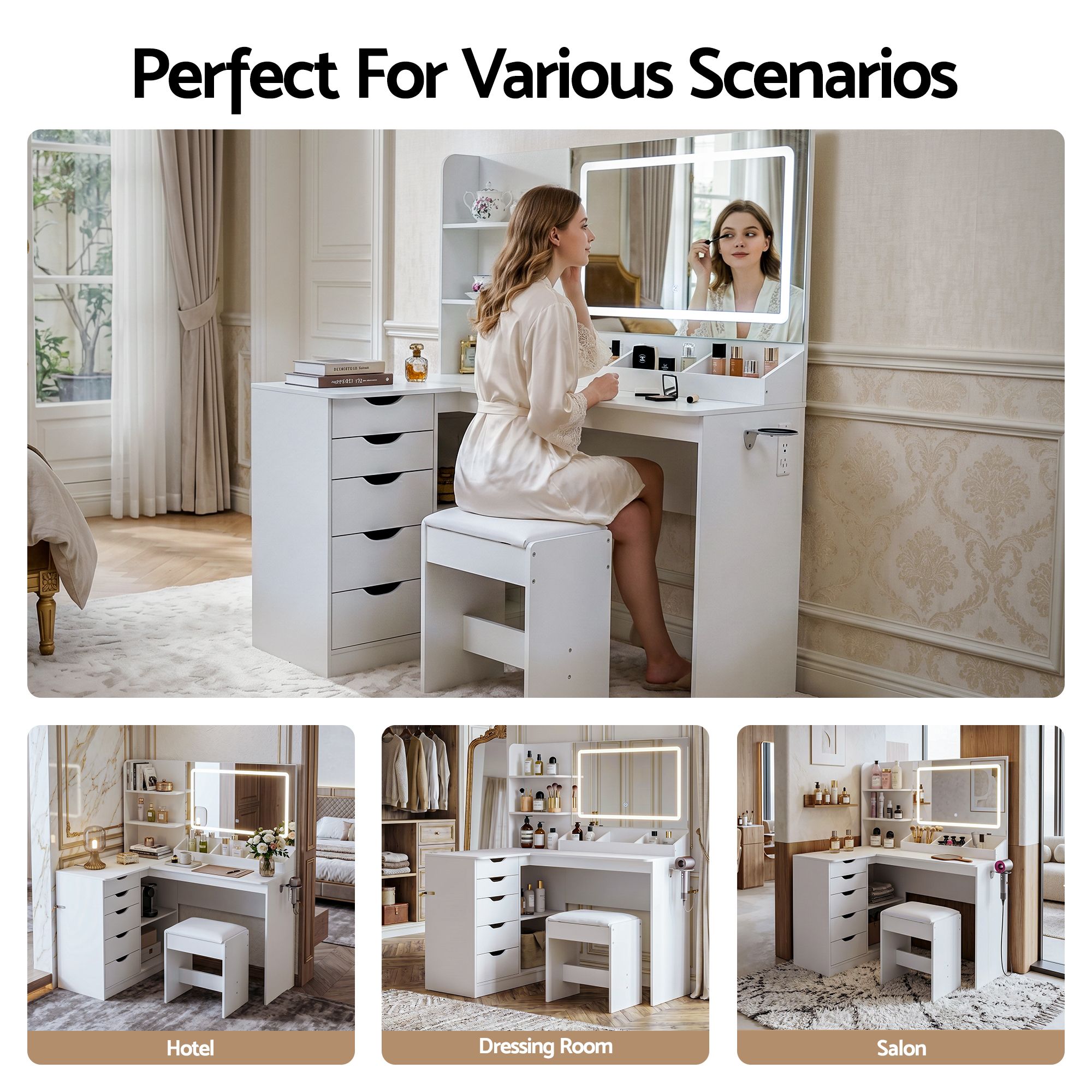 Artiss Corner LED Dressing Table & Stool with Charging Station – White