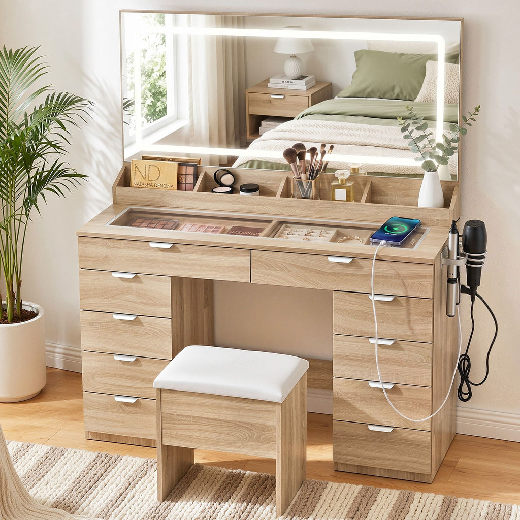 Artiss Large LED Dressing Table & Storage Stool with 10 Drawers – Wood Look