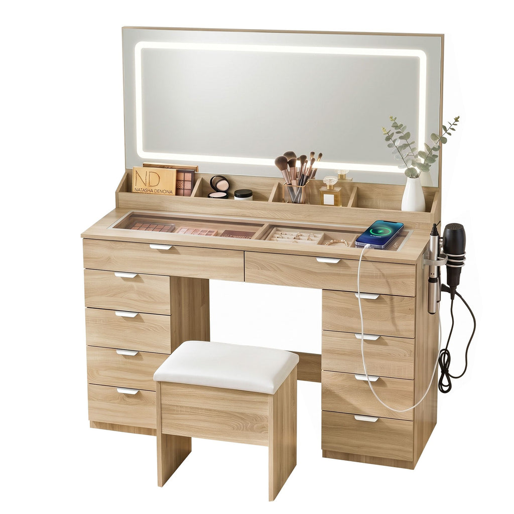 Artiss Large LED Dressing Table & Storage Stool with 10 Drawers – Wood Look