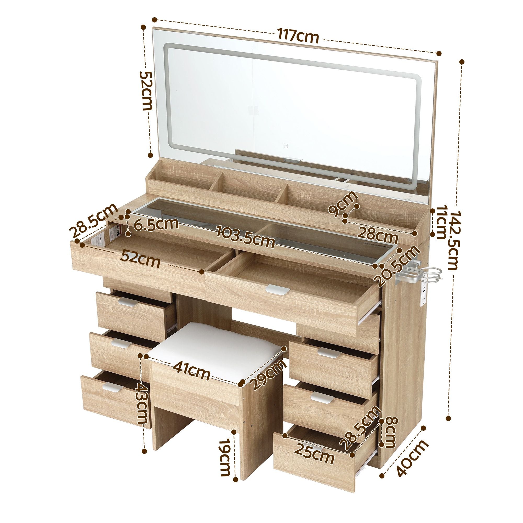 Artiss Large LED Dressing Table & Storage Stool with 10 Drawers – Wood Look