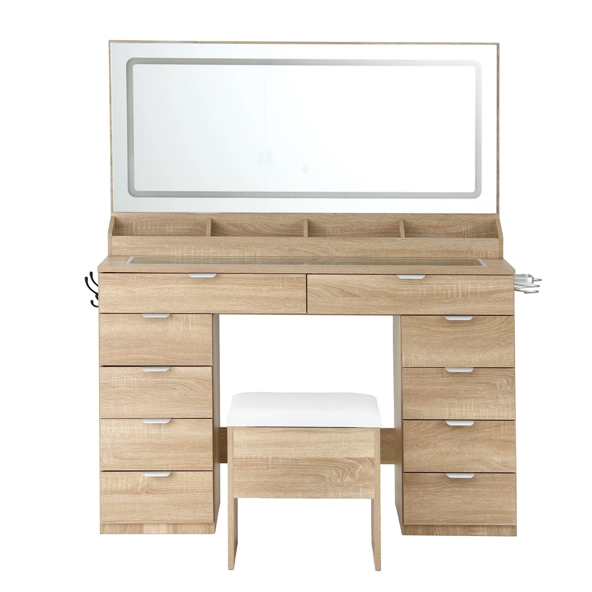 Artiss Large LED Dressing Table & Storage Stool with 10 Drawers – Wood Look