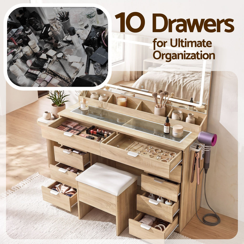 Artiss Large LED Dressing Table & Storage Stool with 10 Drawers – Wood Look