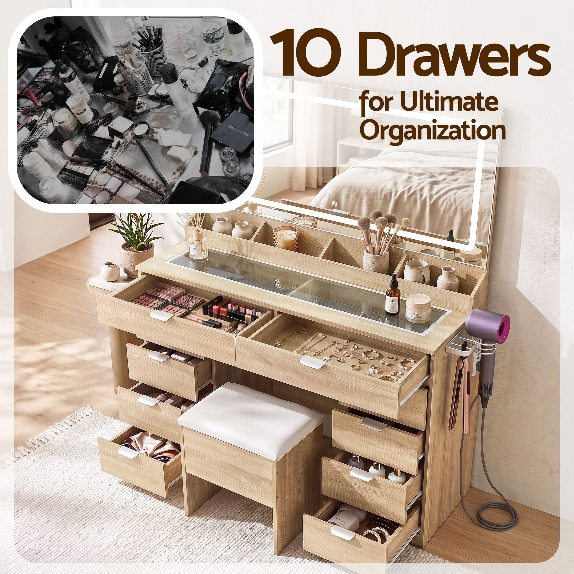 Artiss Large LED Dressing Table & Storage Stool with 10 Drawers – Wood Look