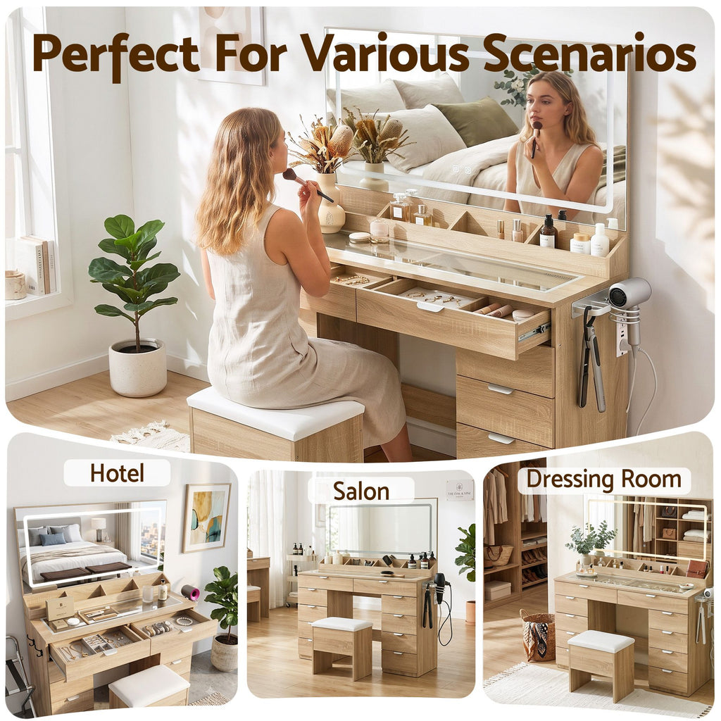 Artiss Large LED Dressing Table & Storage Stool with 10 Drawers – Wood Look