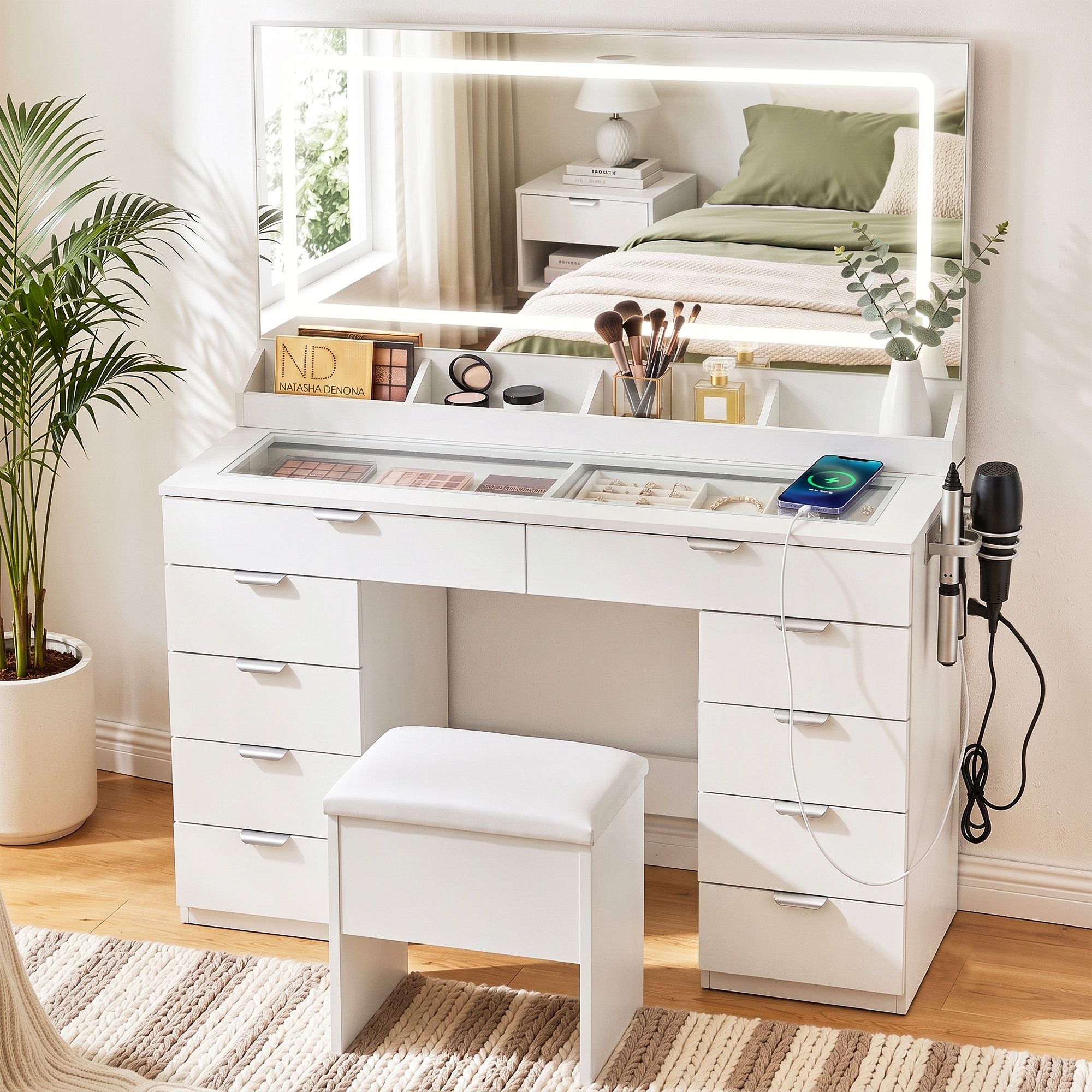 Artiss Large LED Dressing Table & Storage Stool with 10 Drawers – White