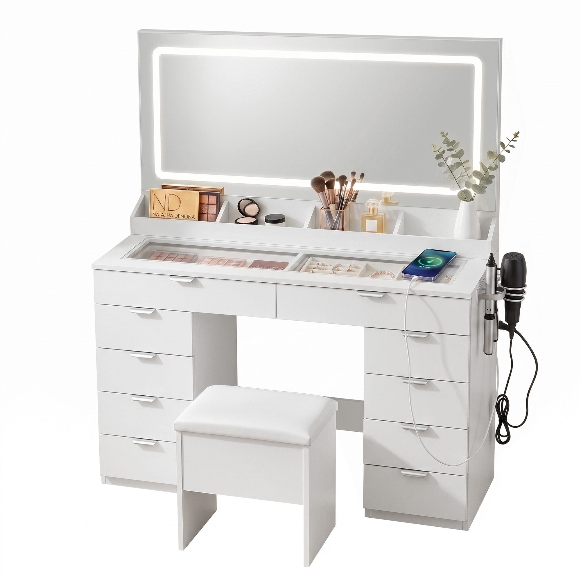 Artiss Large LED Dressing Table & Storage Stool with 10 Drawers – White