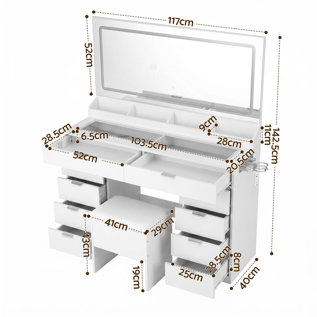 Artiss Large LED Dressing Table & Storage Stool with 10 Drawers – White