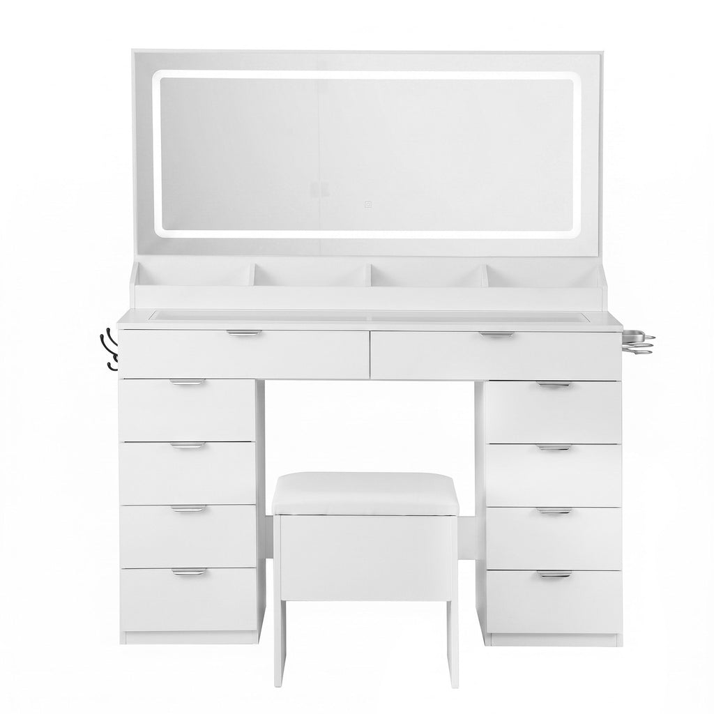 Artiss Large LED Dressing Table & Storage Stool with 10 Drawers – White
