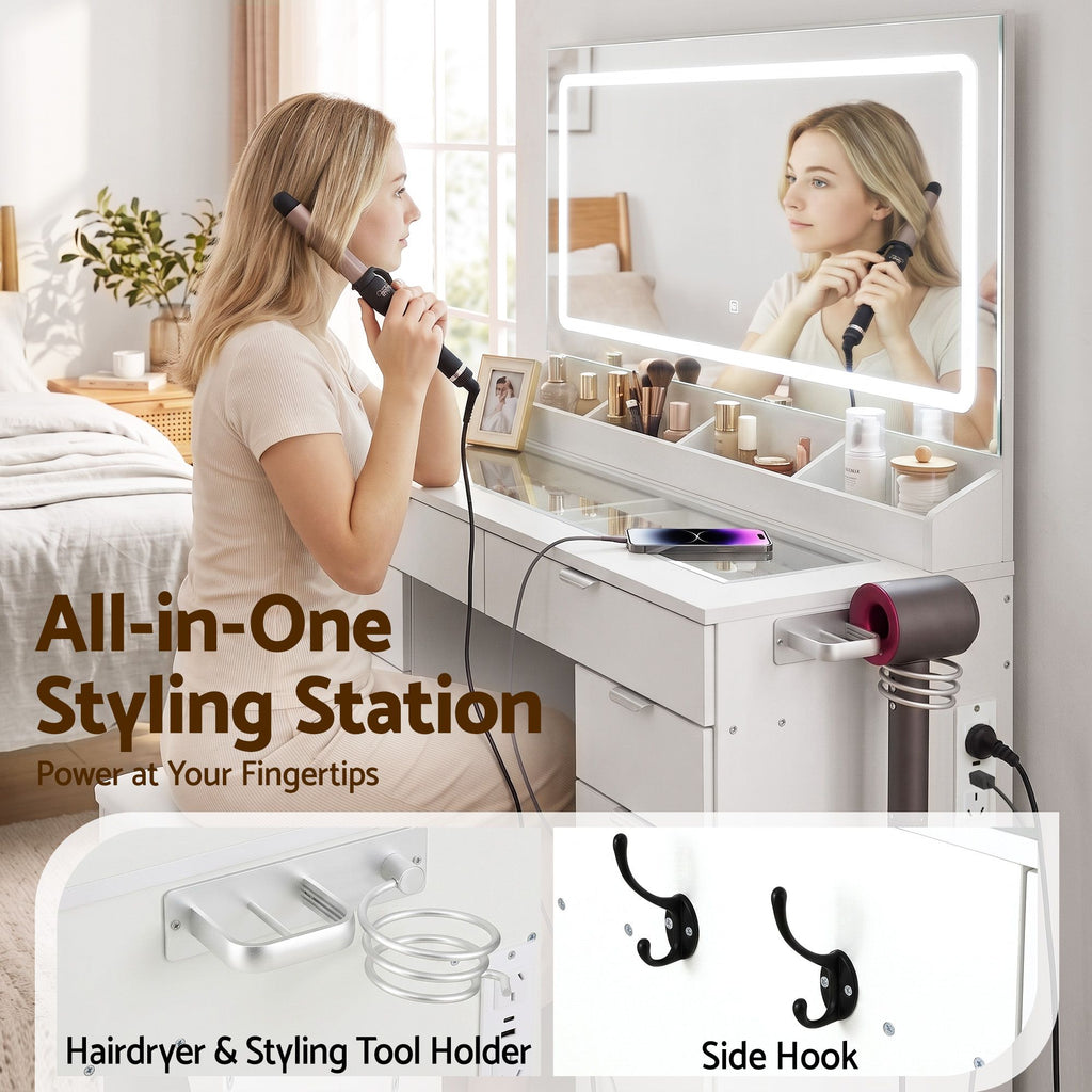 Artiss Large LED Dressing Table & Storage Stool with 10 Drawers – White