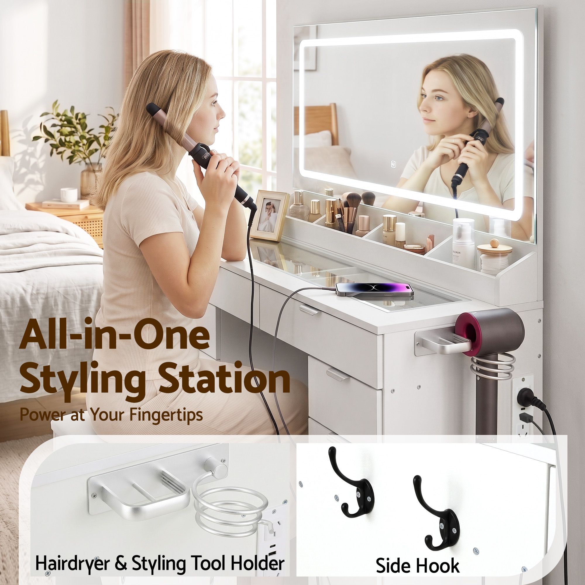 Artiss Large LED Dressing Table & Storage Stool with 10 Drawers – White