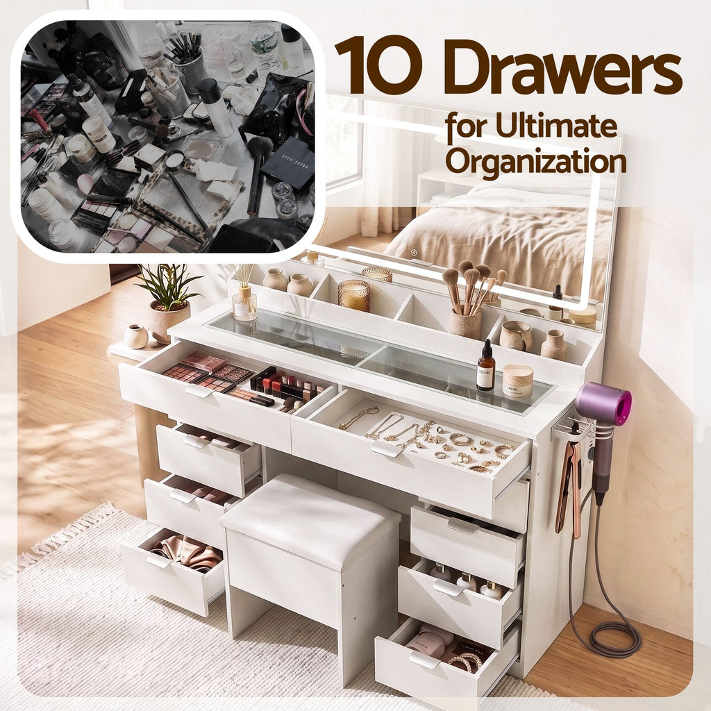 Artiss Large LED Dressing Table & Storage Stool with 10 Drawers – White