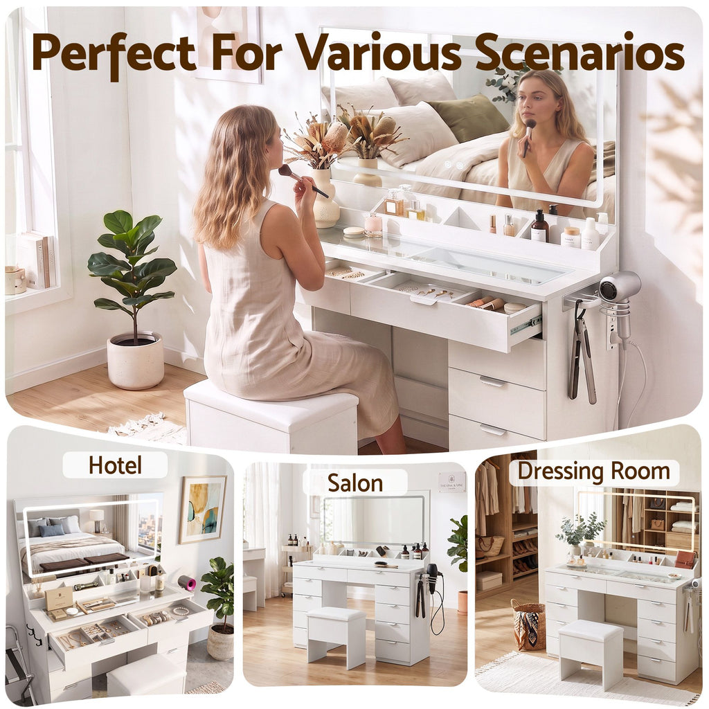 Artiss Large LED Dressing Table & Storage Stool with 10 Drawers – White