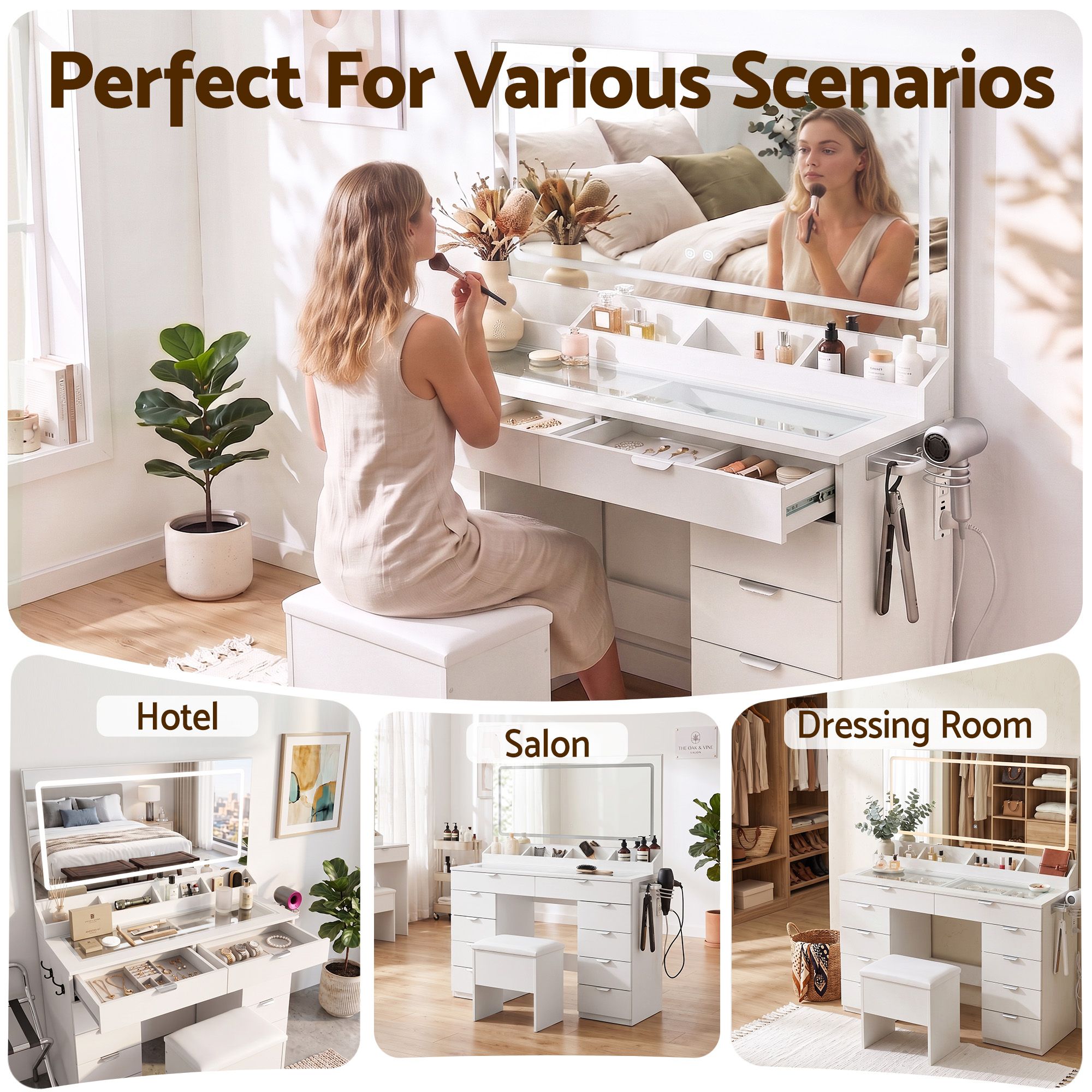 Artiss Large LED Dressing Table & Storage Stool with 10 Drawers – White