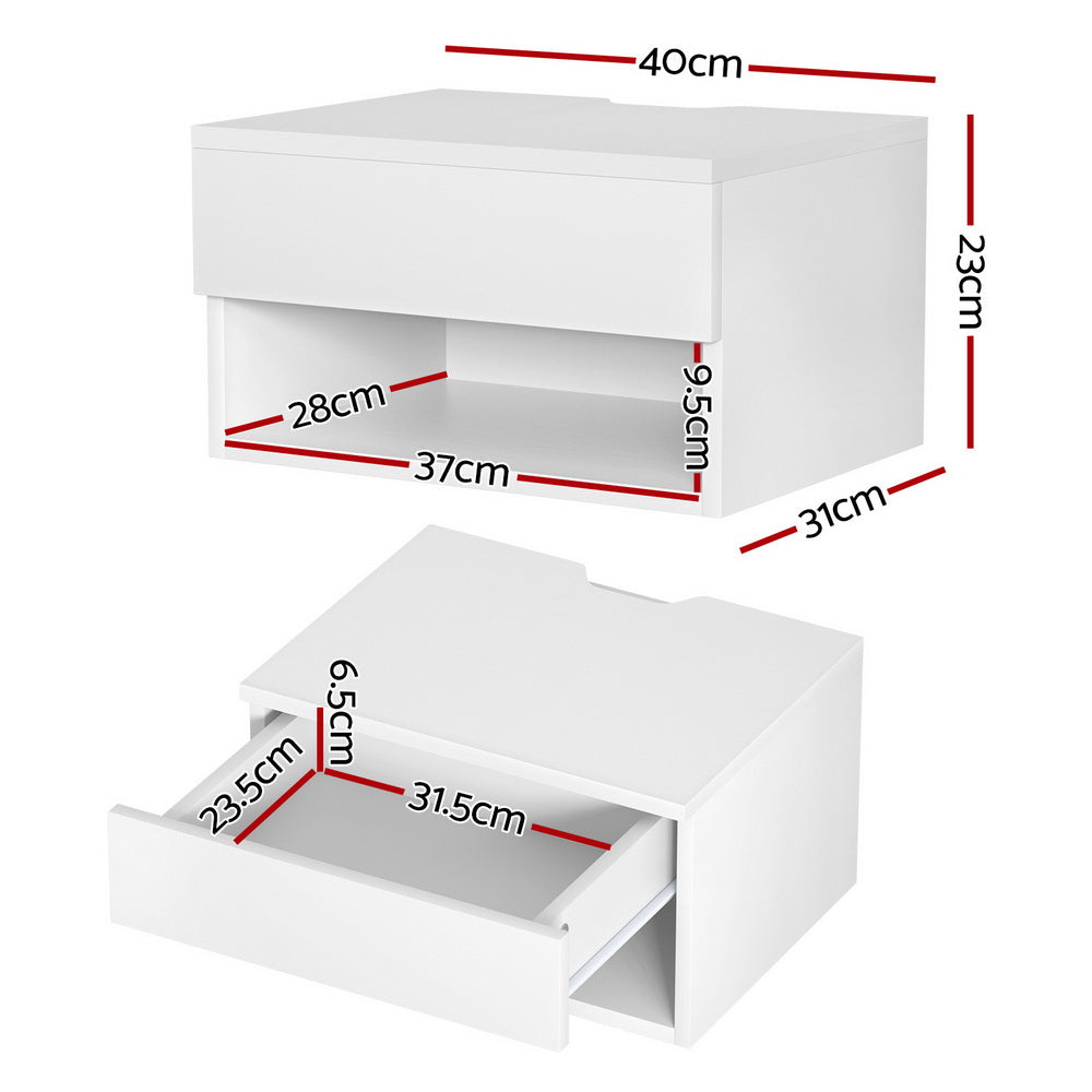 Artiss Floating Bedside Table with Drawer and Shelf – White