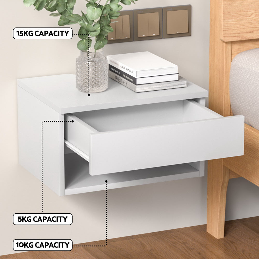 Artiss Floating Bedside Table with Drawer and Shelf – White