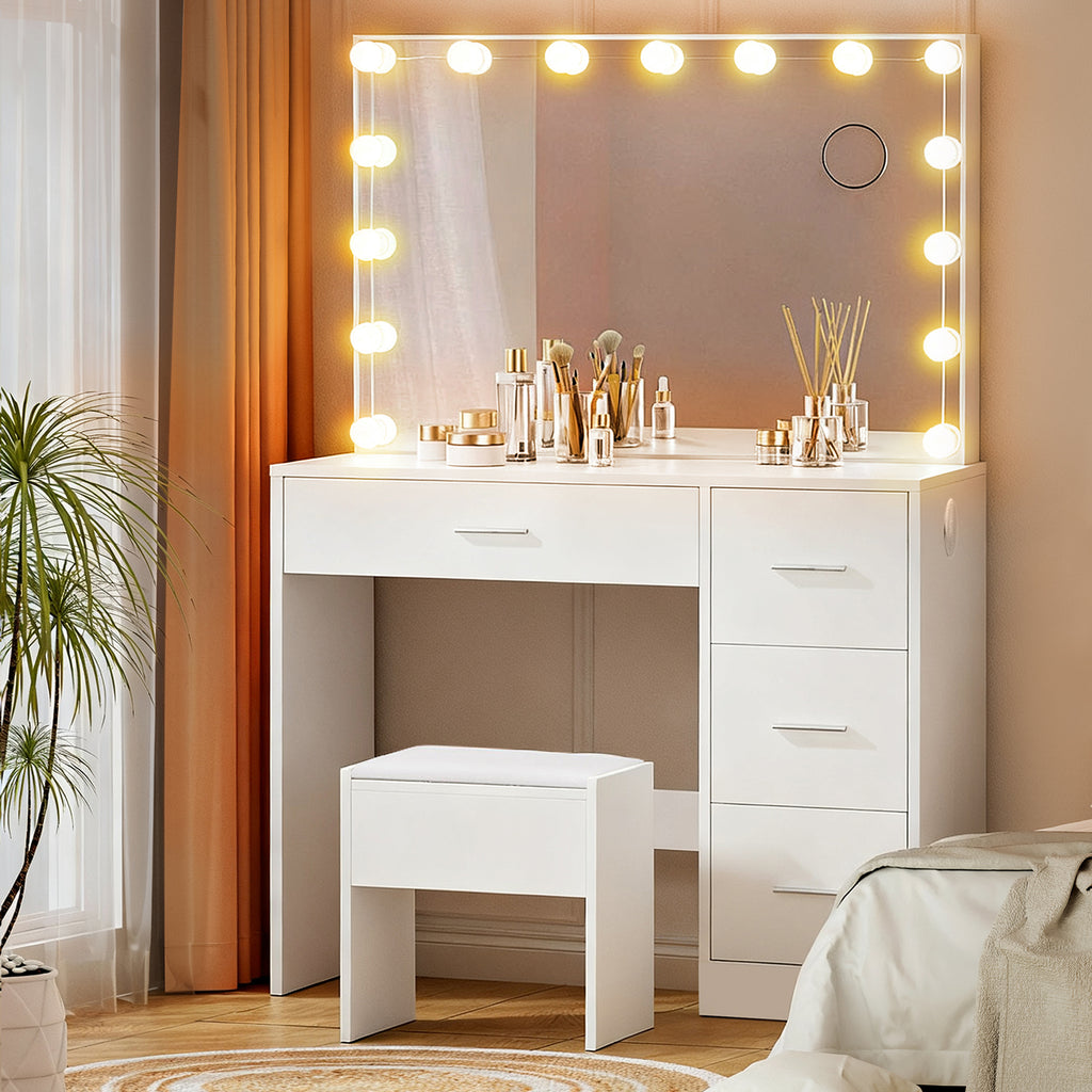 Artiss Darcy LED Dressing Table & Stool with 15 Bulbs – White